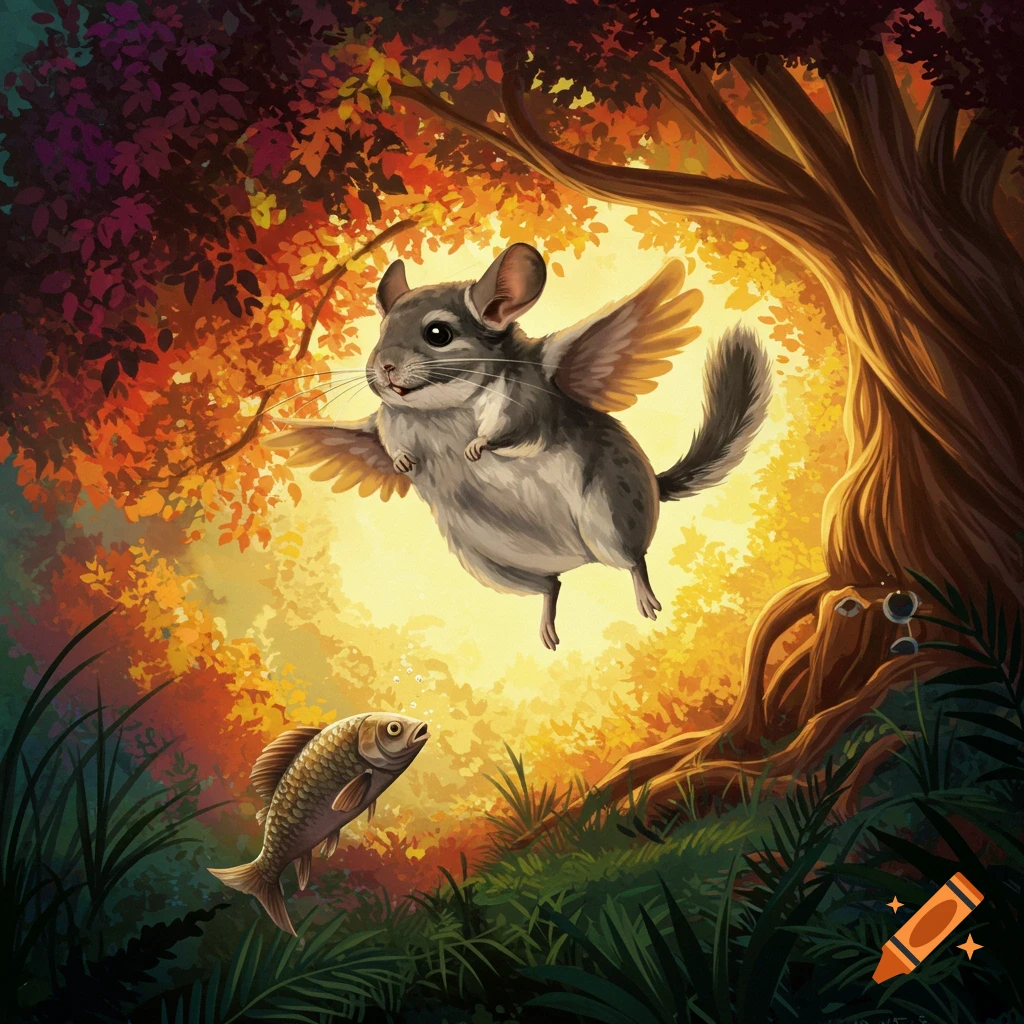 A flying chinchilla with wings is shown above a surprised fish in a sunlit forest.