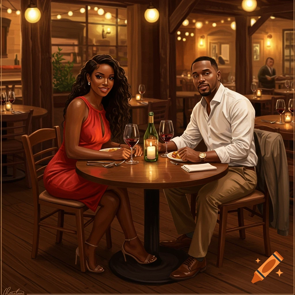 A black couple having dinner in a cozy restaurant