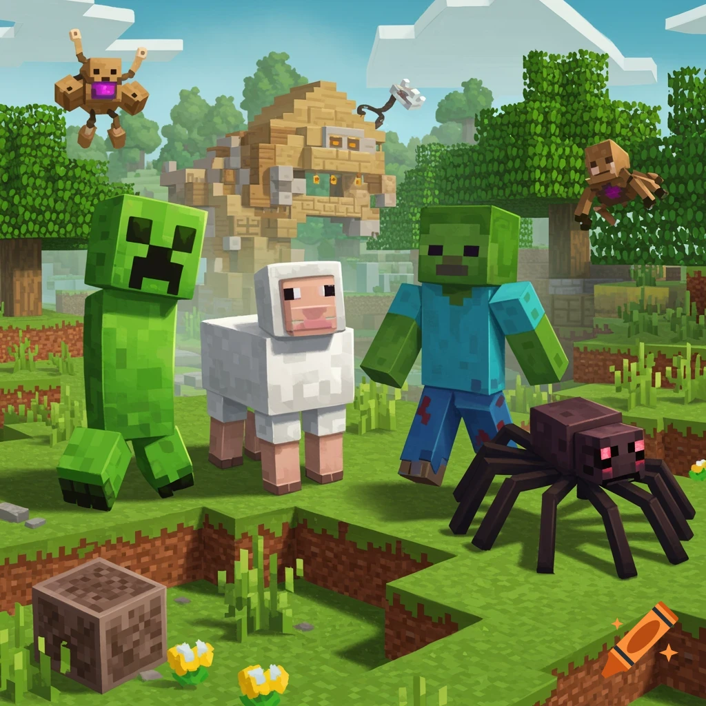 Minecraft mobs including Creeper, sheep, zombie, and spider in a blocky landscape.