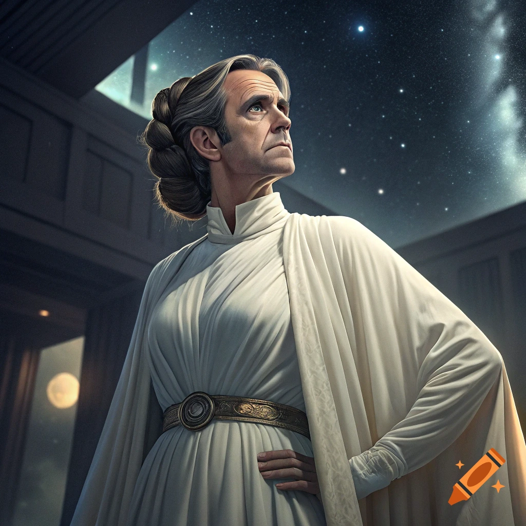 A person resembling RFK Jr. dressed as Princess Leia looks up at a starry sky.