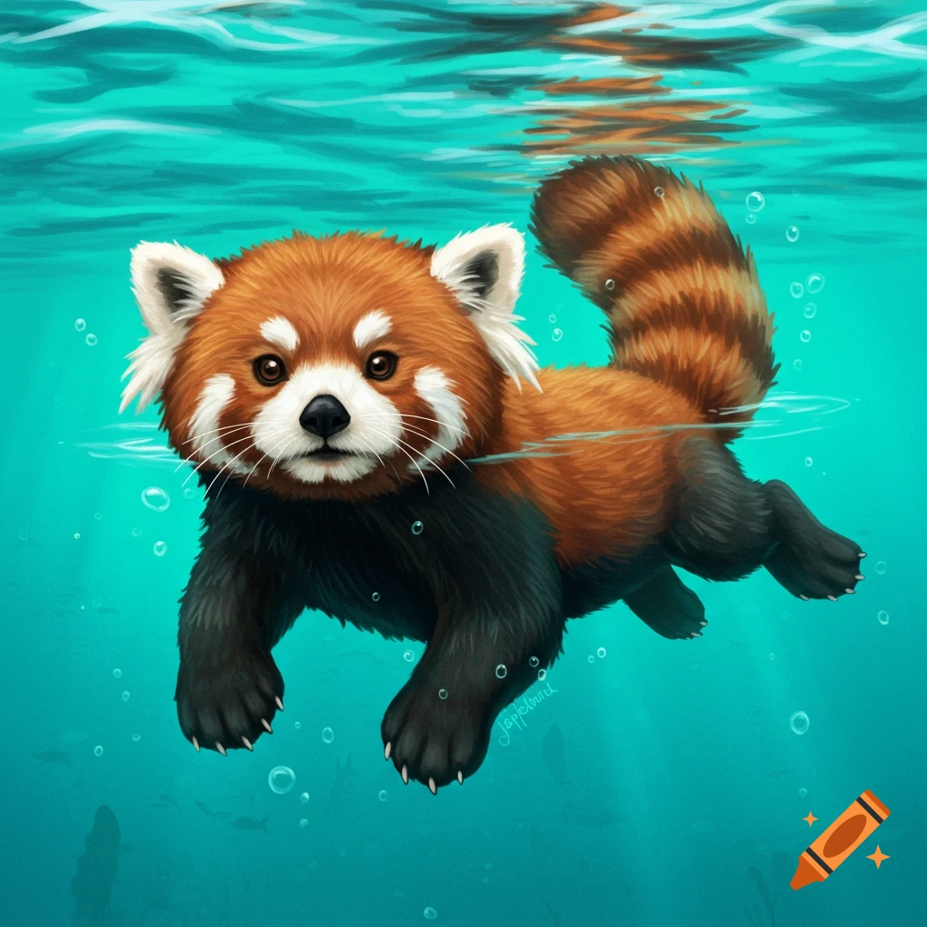 A cute red panda-sea otter hybrid swims underwater.