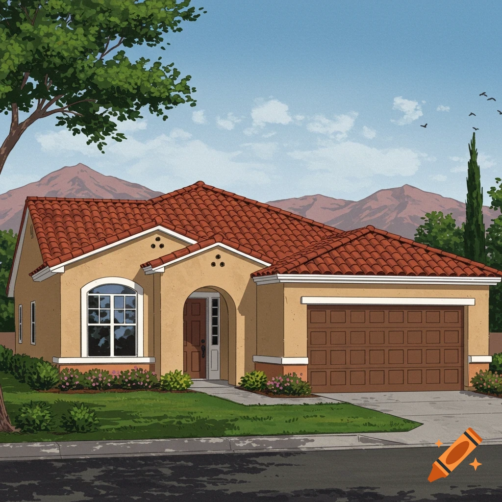 A single story house with a red tile roof and tan stucco.