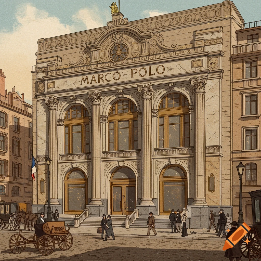 A fancy bank named Marco-Polo in a historical street scene.
