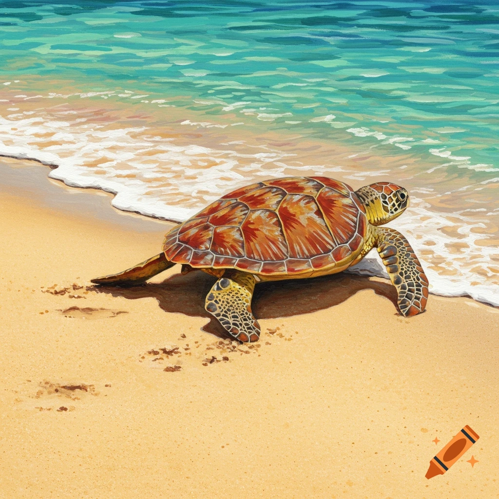 A bright image of a sea turtle on a beach heading towards the ocean.