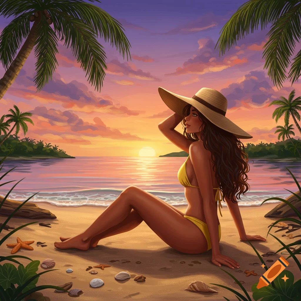 A woman in a bikini sits on a beach at sunset.