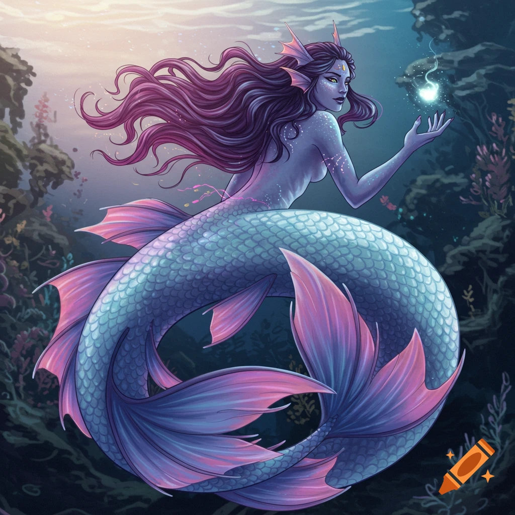 A mermaid with purple hair and a shimmering tail is swimming underwater.