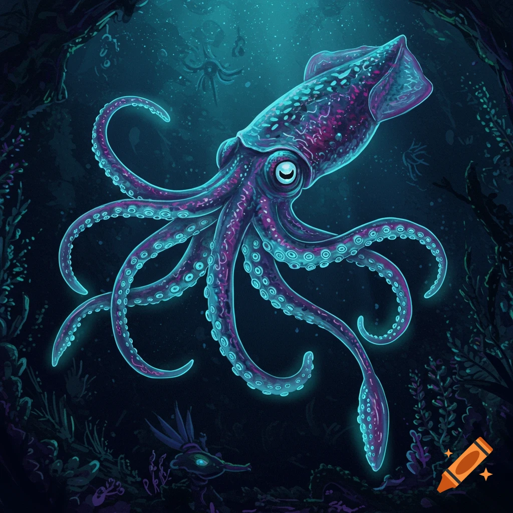Glowing purple and teal squid-like creature swimming in a dark underwater scene among plants.
