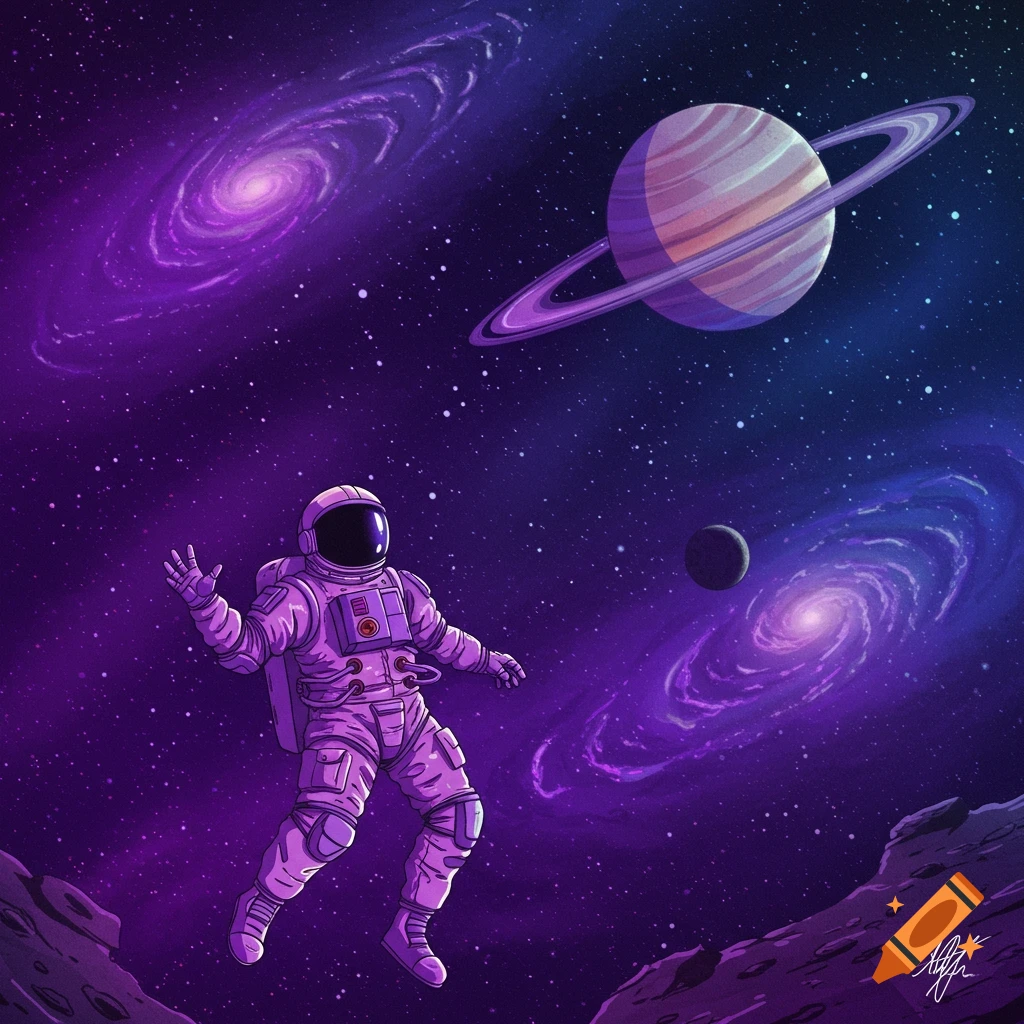 An astronaut floats in space with a ringed planet and galaxies.