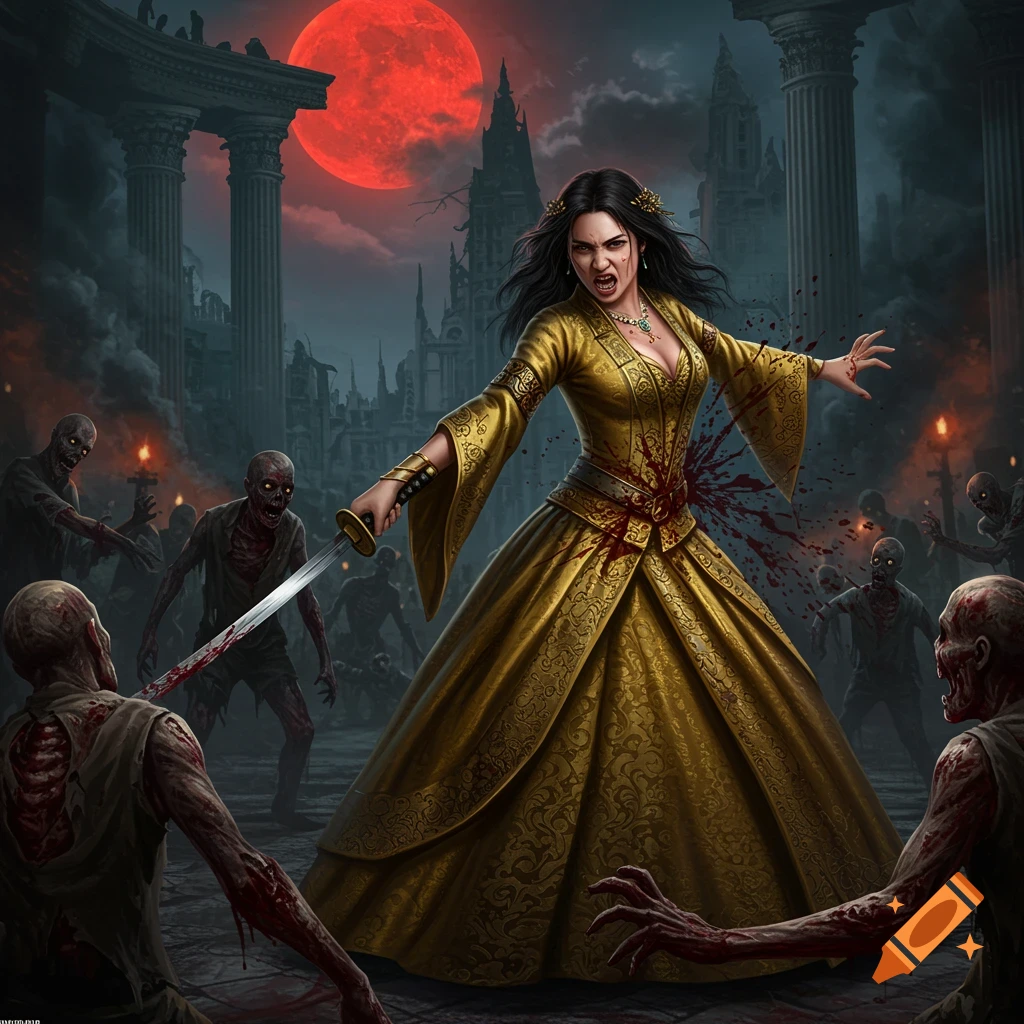 A woman in a golden gown fighting zombies with a sword in a ruined city under a blood moon.