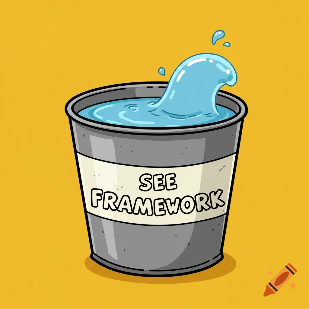 Cartoon grey bucket with splashing water labeled 'SEE FRAMEWORK'
