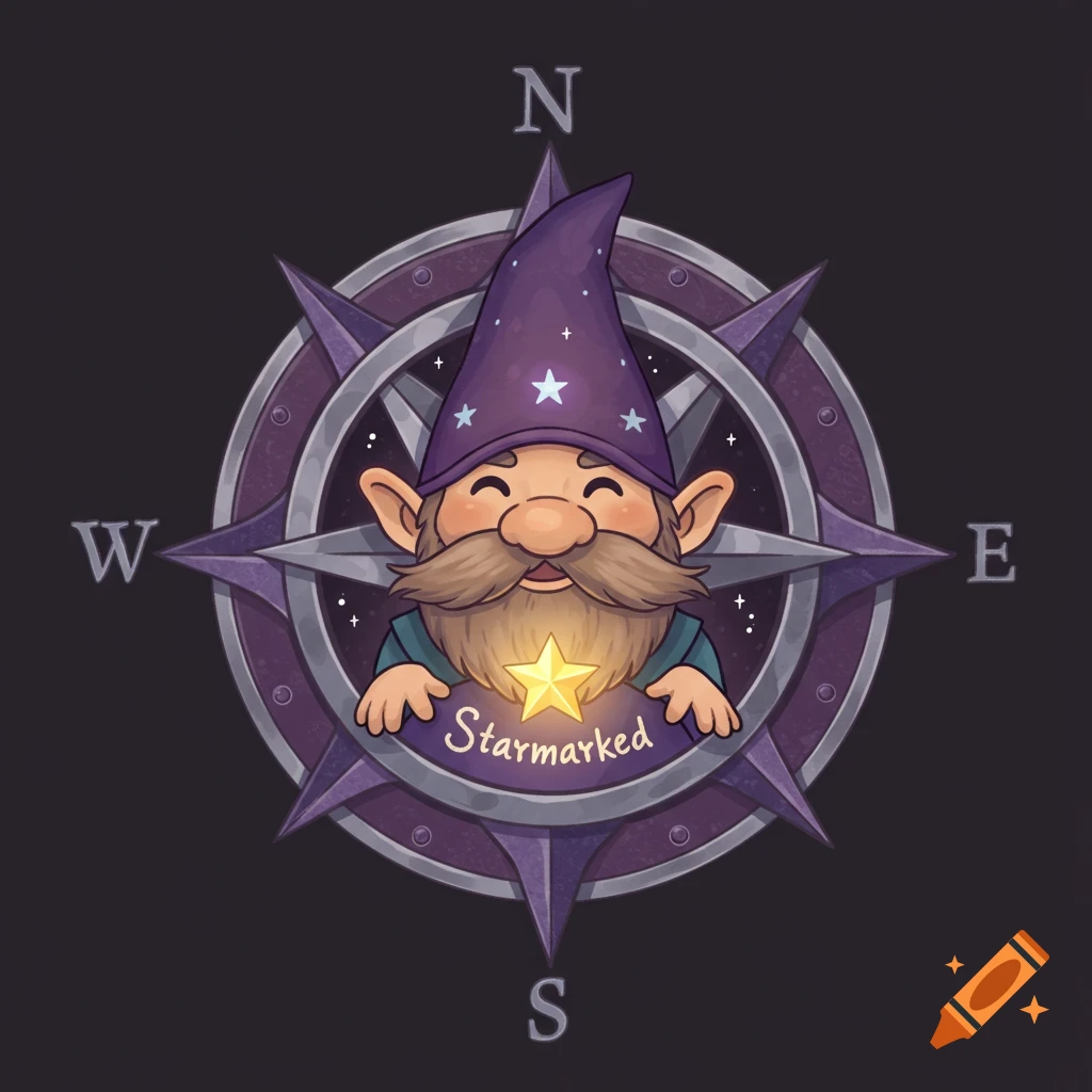 A whimsical logo features a smiling gnome in a compass with a glowing star and 'Starmarked' text.