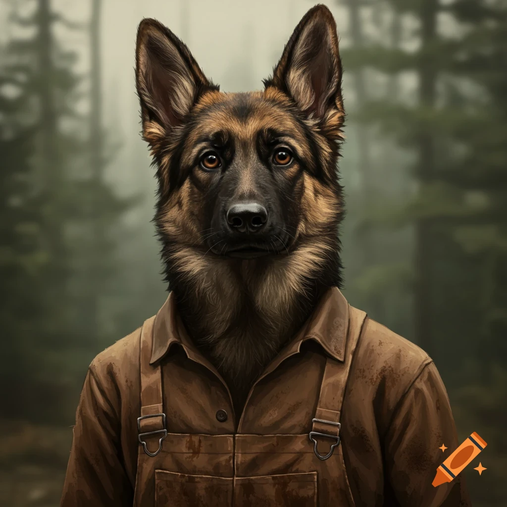 A German Shepherd wearing brown overalls in a foggy forest.