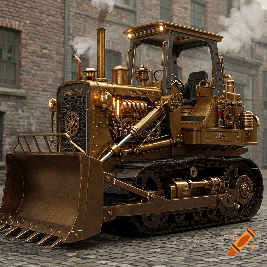 A detailed, photorealistic image of a steampunk bulldozer made of brass, parked on a cobblestone street with brick buildings behind it.