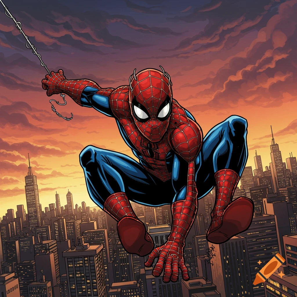 Spider-Man swings on a web line, crouching above a city skyline at sunset, in a comic book art style.