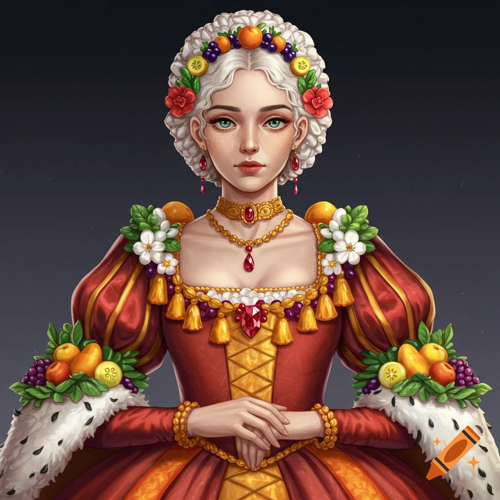 Portrait of a noble woman in a fantasy anime style dress decorated with fruit and flowers.