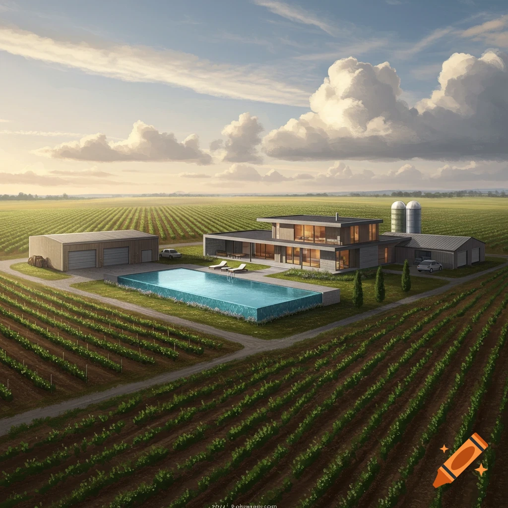 Modern house with pool, garage, and silos on a vineyard farm landscape.