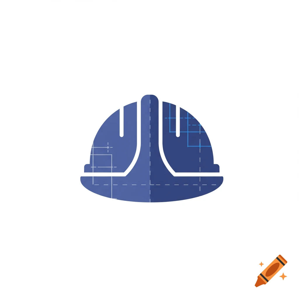 Minimalistic blue hard hat icon with blueprint lines on white