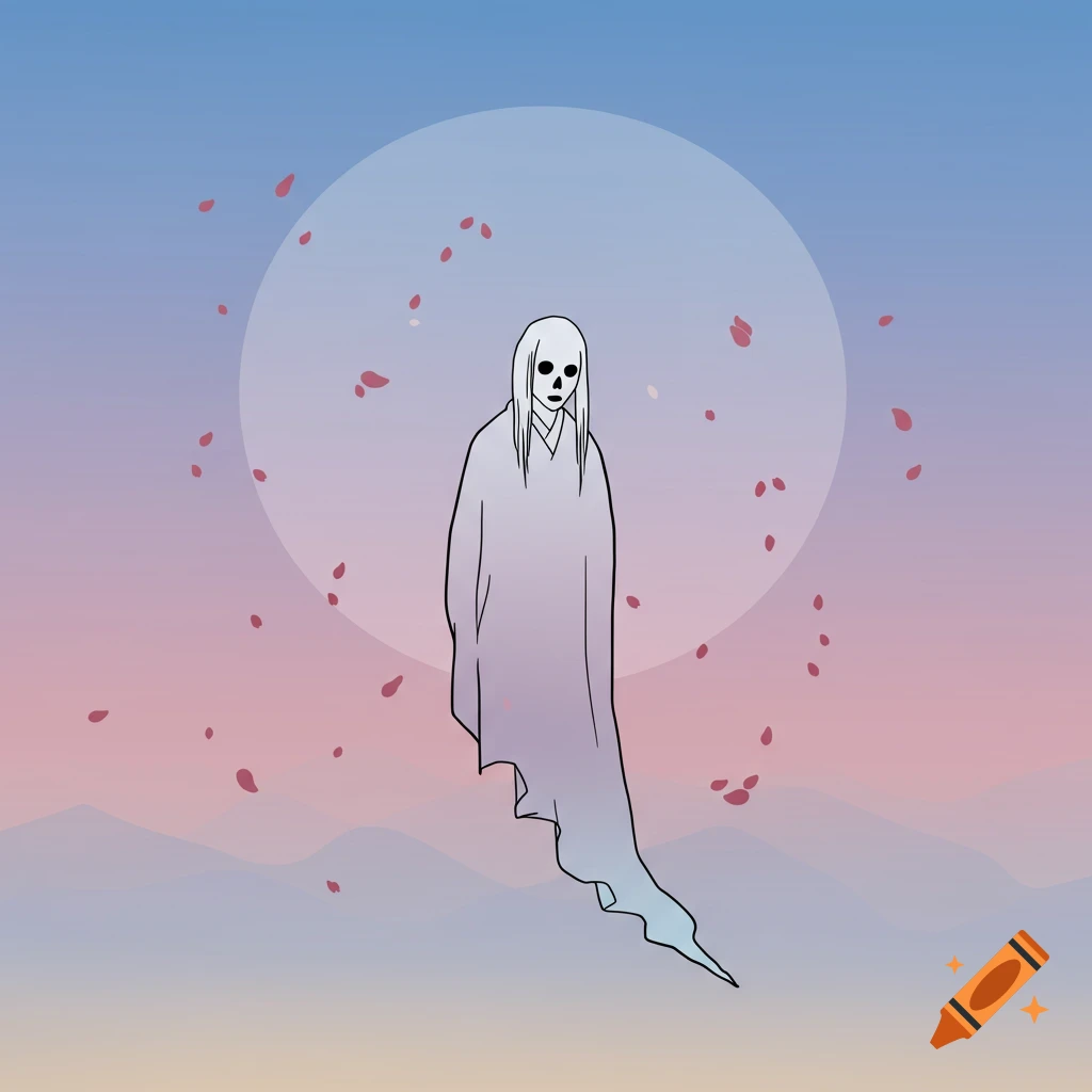Simplistic illustration of a spirit figure over a large moon with scattered petals and mountains.