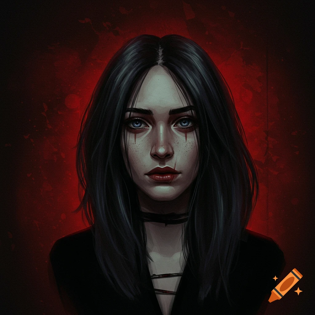 Portrait of a woman with blue eyes and red streaks on her face, wearing a black choker against a red background.