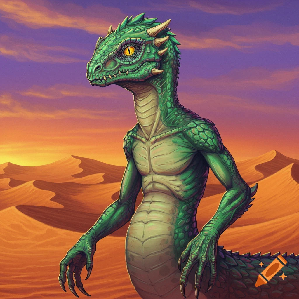 Green reptilian creature stands in a desert at sunset.