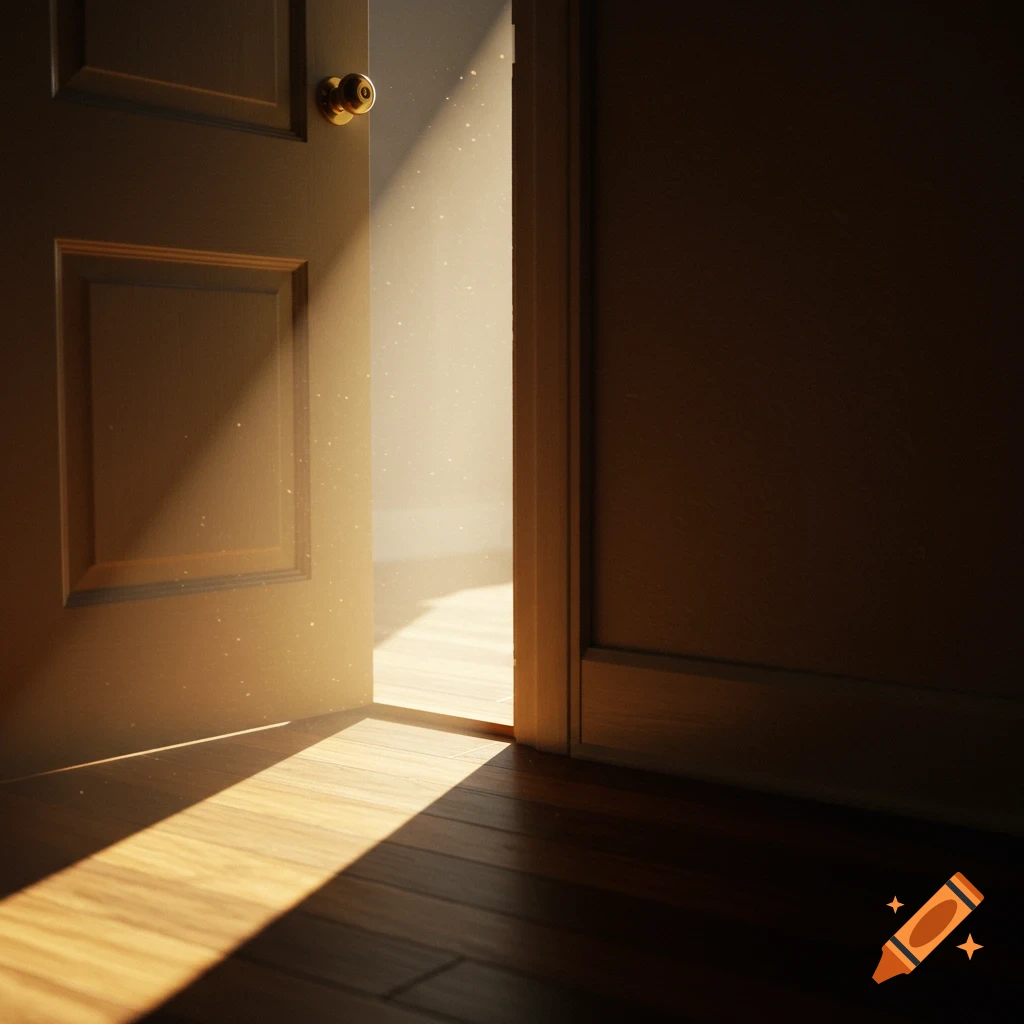 Sunlight streams through a slightly open door onto a wooden floor.