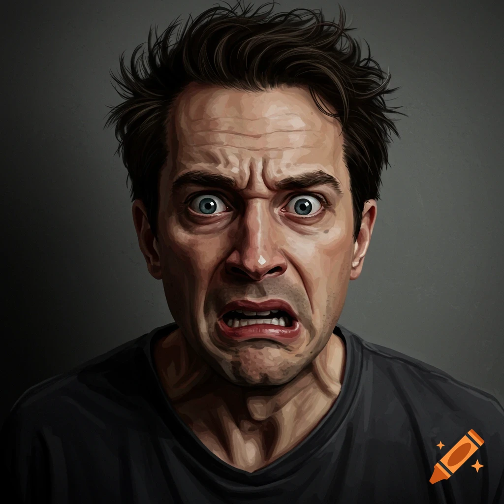 A portrait of a man looking towards the camera with a terrified expression