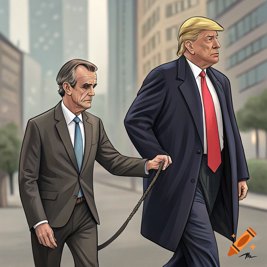 Cartoon illustration of a man resembling RFK Jr. leading a man resembling Donald Trump on a leash through a city street.