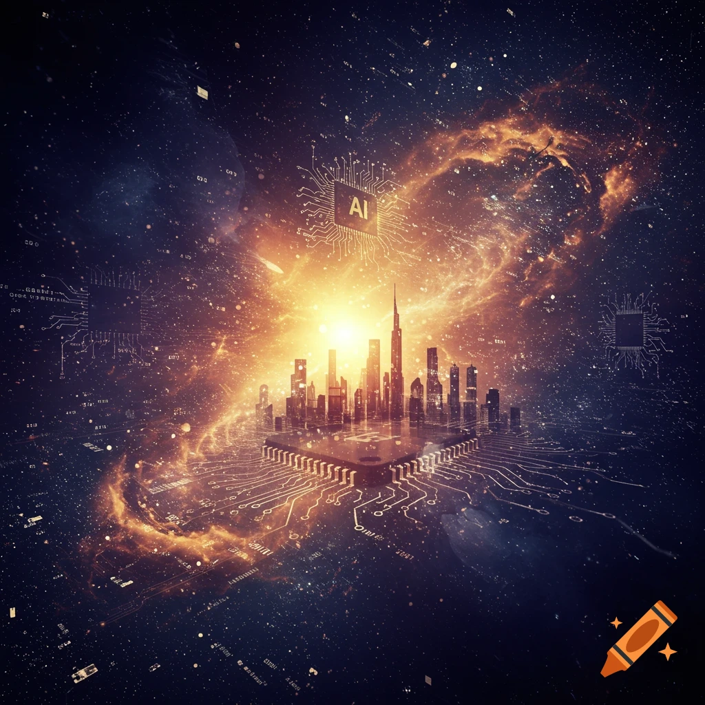 Futuristic city skyline on a microchip floating in space with glowing cosmic dust and circuit patterns.