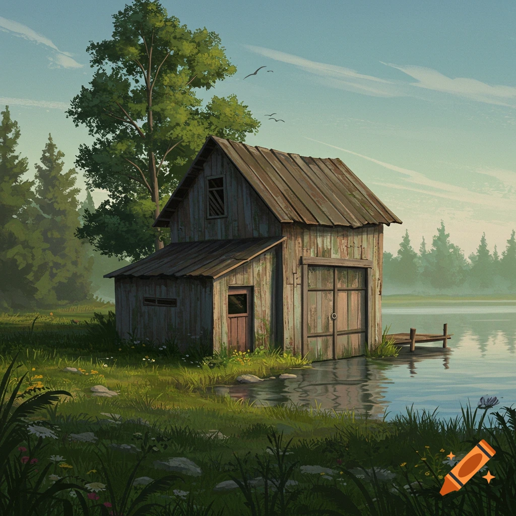 A rustic wooden boathouse sits on a lake with trees and grass surrounding it.