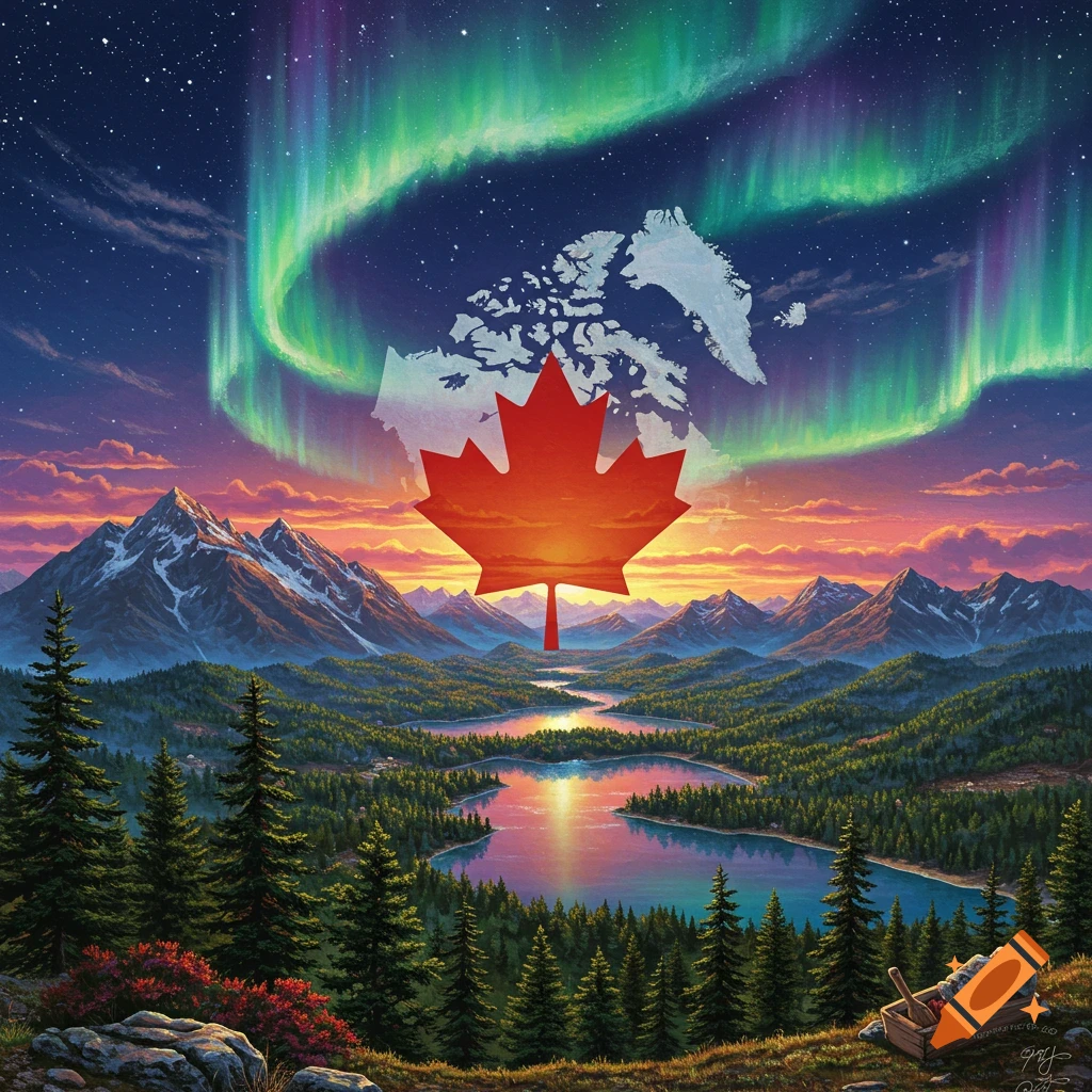 A Canadian landscape with mountains, lakes, aurora borealis, maple leaf, and map outline.