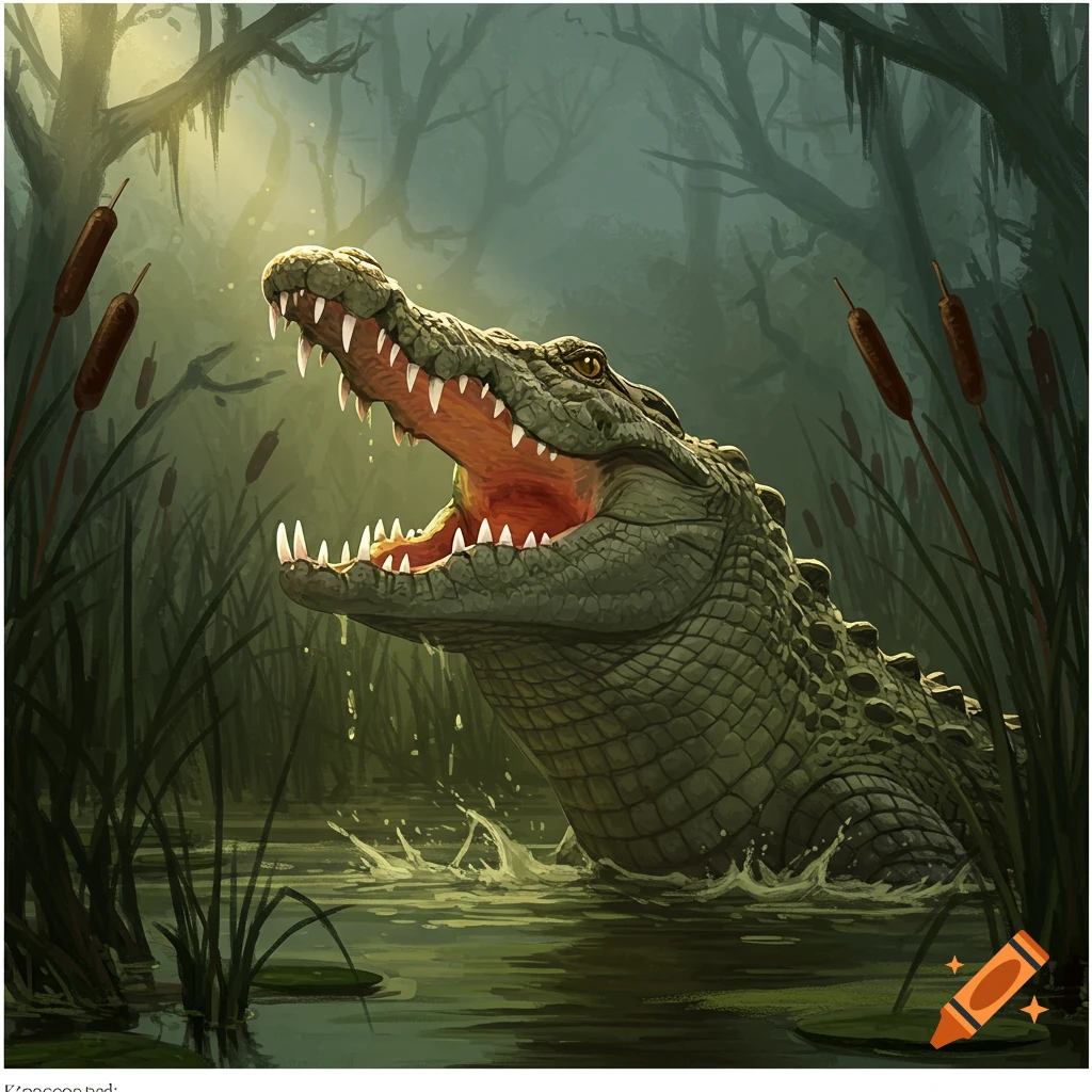 A large crocodile emerging from a swamp.