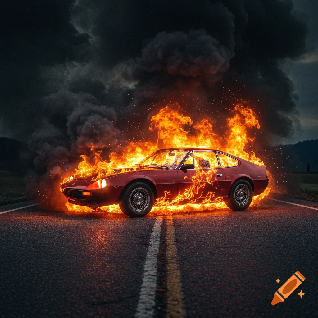 A red car is engulfed in flames on a road with thick black smoke rising.