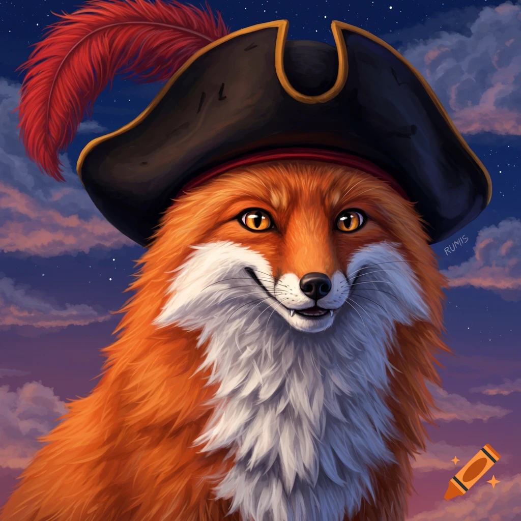A fox wearing a pirate hat smiles against a starry sky.