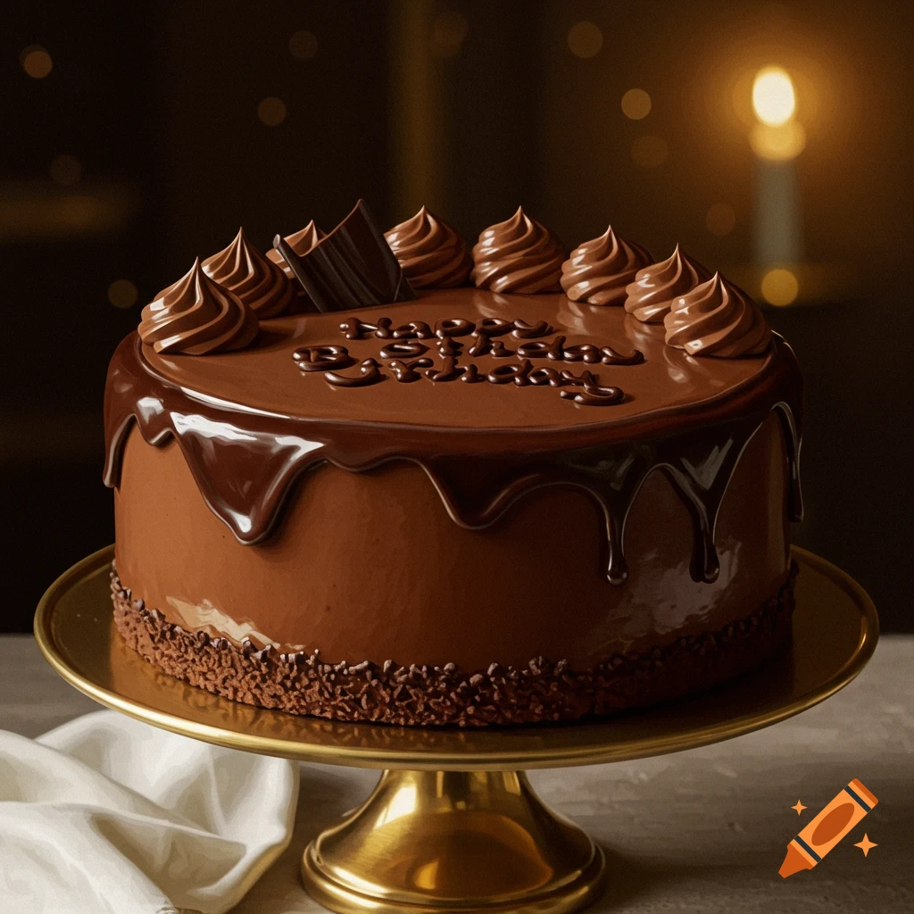 A rich chocolate birthday cake on a gold stand with Happy Birthday text.