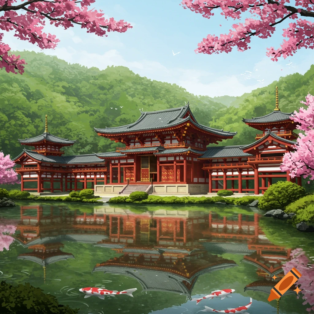 A Japanese temple by a pond with koi fish and cherry blossoms.