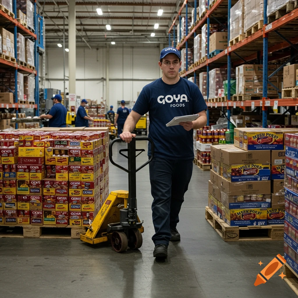 Man in Goya shirt and cap pushing a pallet jack loaded with food boxes in a warehouse.