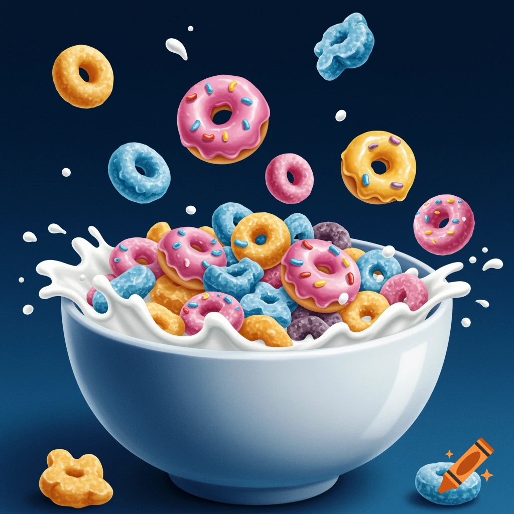 A photo shows colorful donuts in milk splashing from a bowl against a dark blue background.