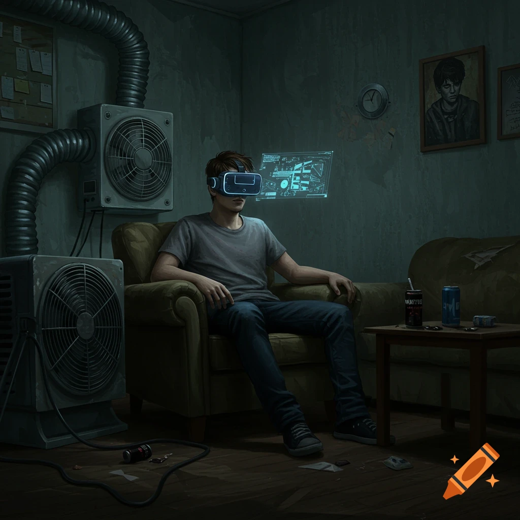 A man in a dark room wearing a VR headset and looking at a holographic display.