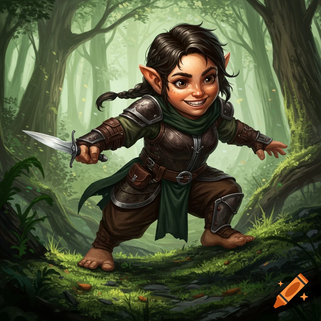 A fantasy creature with dagger and leather armor in a forest clearing