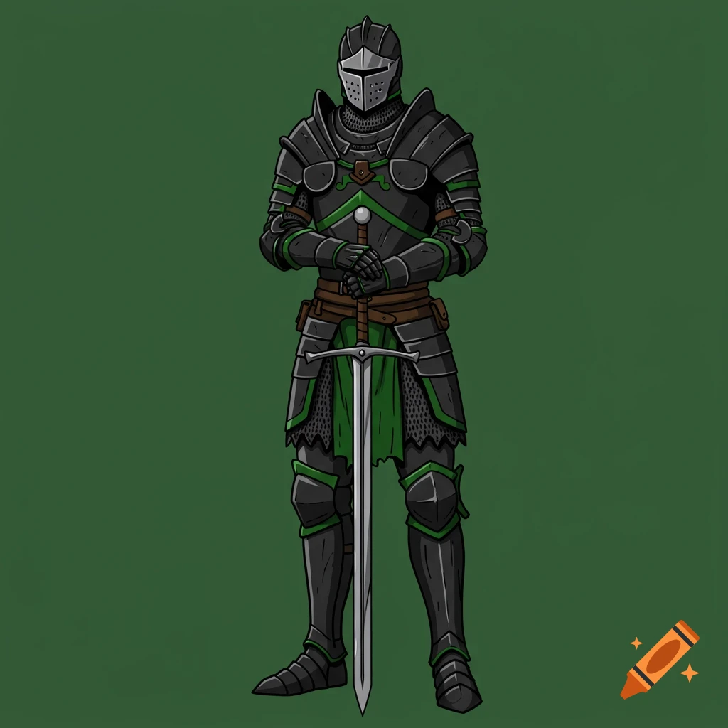 A vector graphic illustration of a knight in black and green full plate armor holding a longsword.