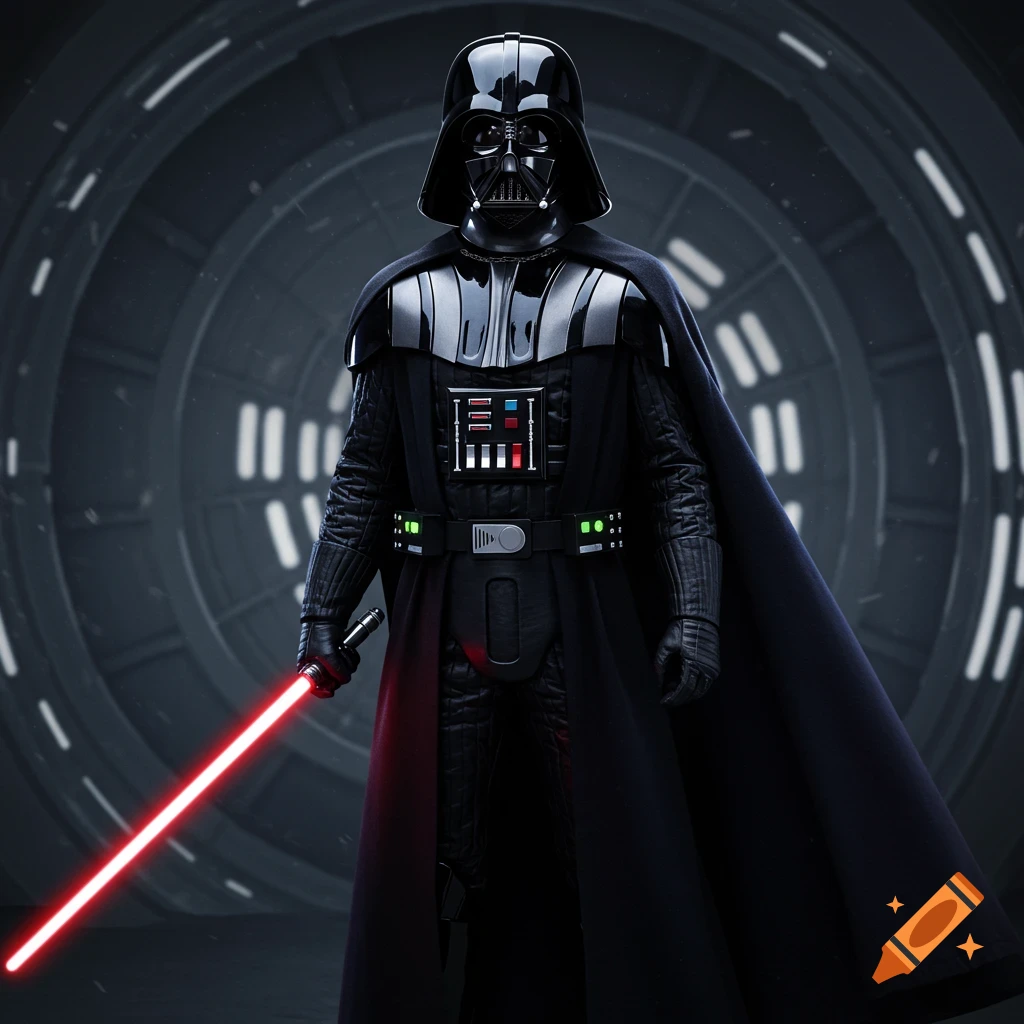 Darth Vader holding a lightsaber in a futuristic setting