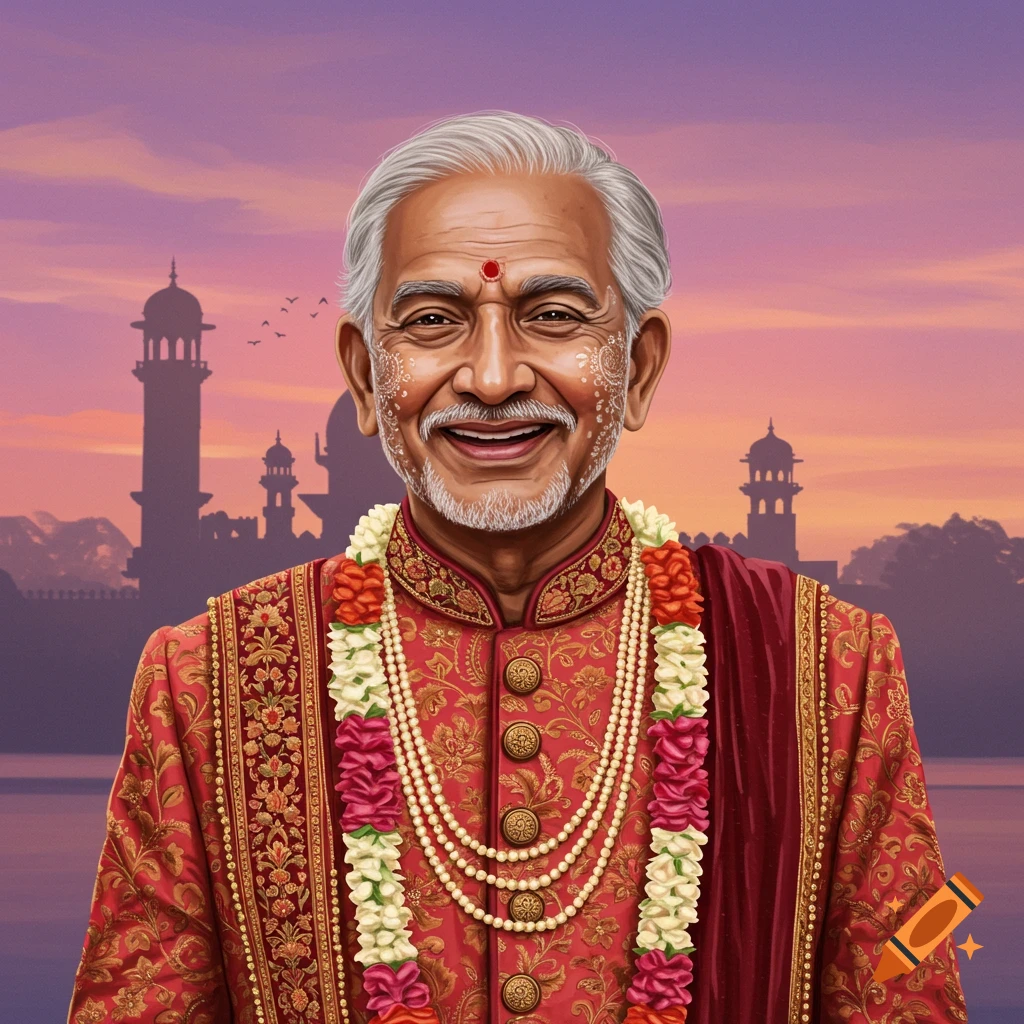 An old Indian groom in traditional attire with a festive background.