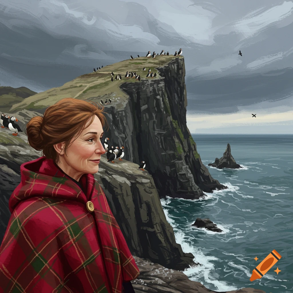 A woman in a tartan cape watches puffins on a rocky cliff by the sea.