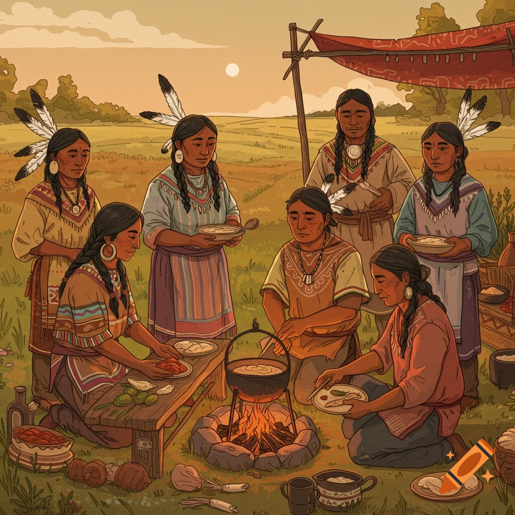 A group of indigenous people are preparing food outdoors.