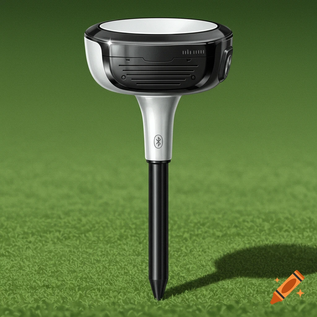 A silver and black smart golf tee stands on green grass.