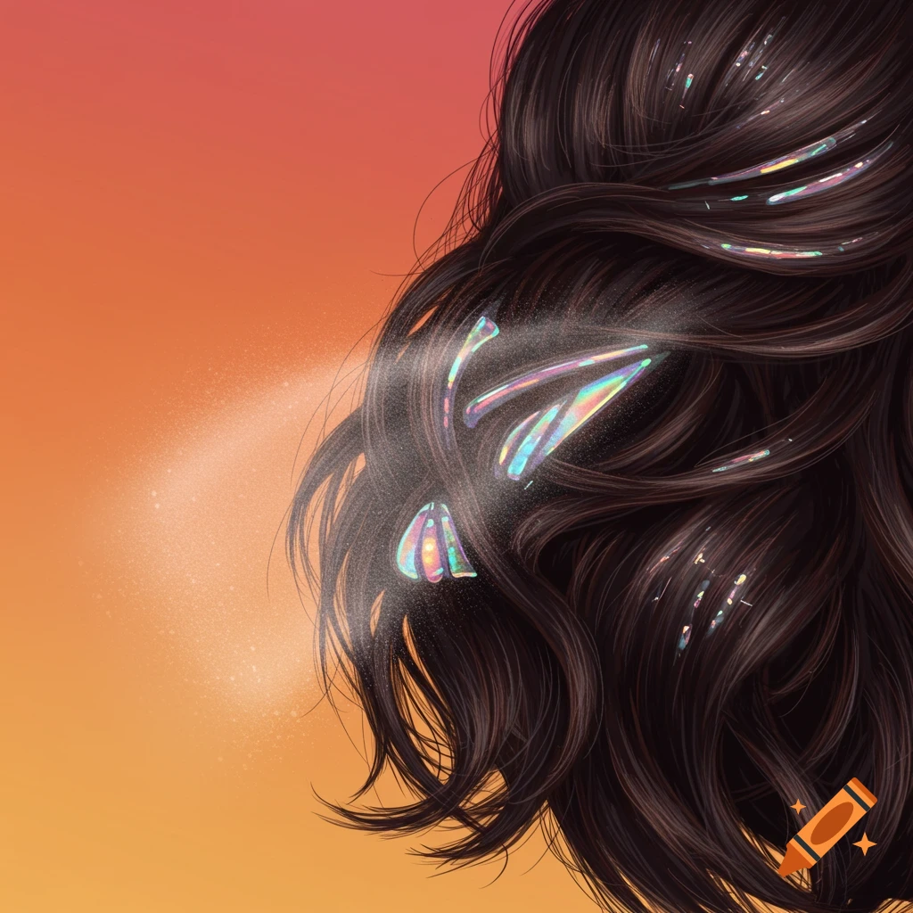 Dark hair with iridescent highlights and a light spray on an orange background.
