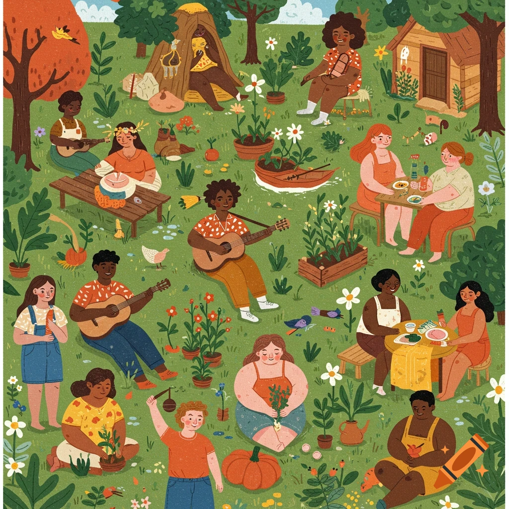 Stylized illustration of diverse people gardening, playing music, and eating together outdoors.