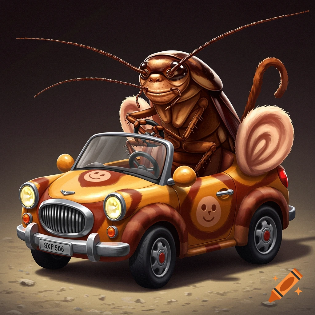 Cartoonish cockroach with a smug expression driving a monkey-themed miniature car.