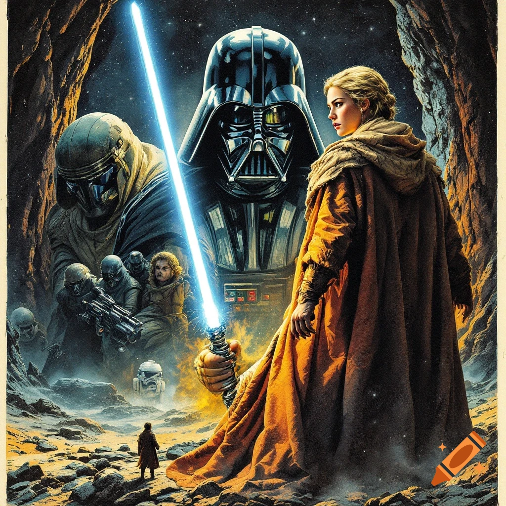 Woman with blue lightsaber before figures resembling Darth Vader and Kylo Ren in cave, poster style illustration