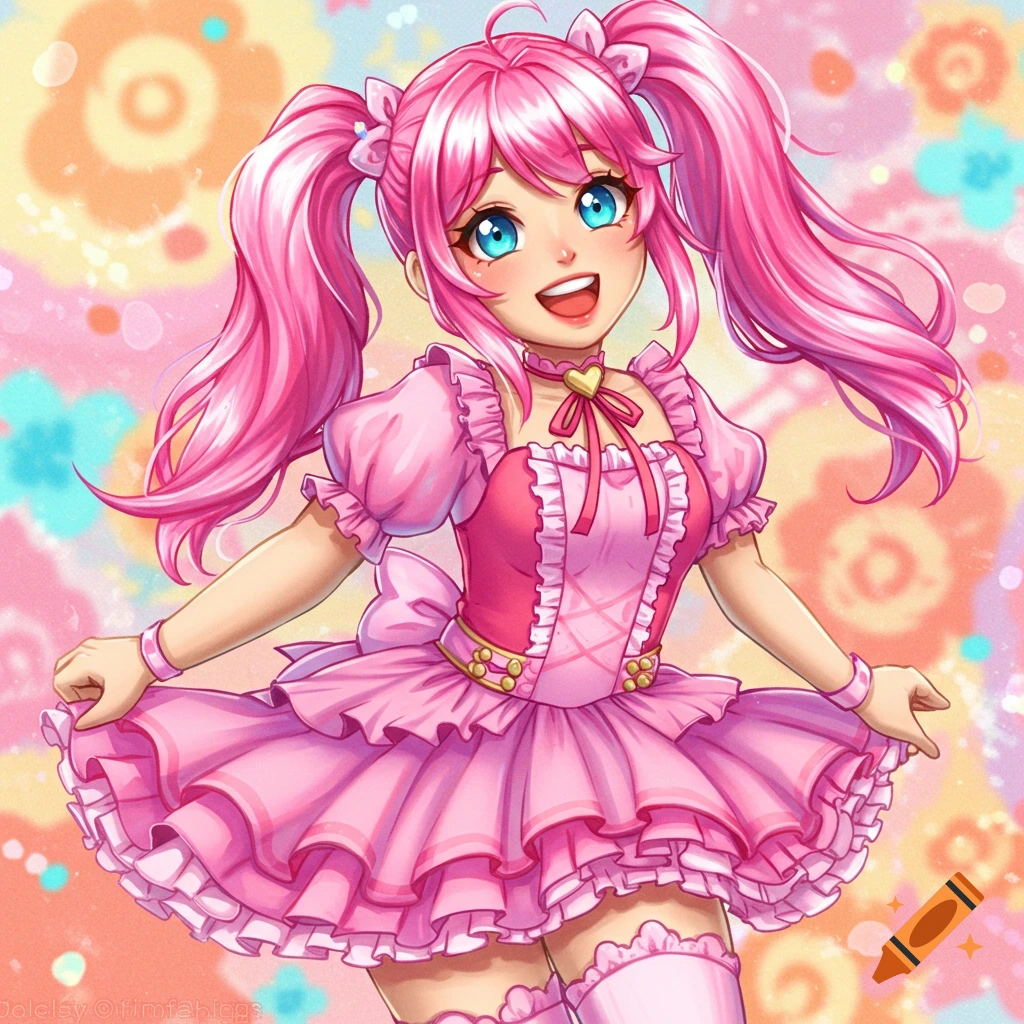 Anime style drawing of a girl with pink hair in a frilly pink dress smiling